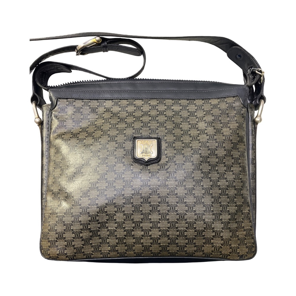 Vintage Celine Macadam Crossbody Bag Navy Coated Canvas Leather Logo Patch